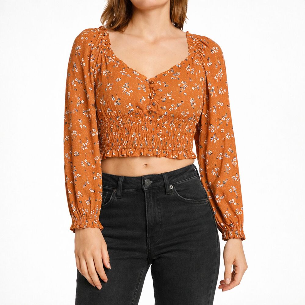 Elodie Mustard Floral Smocked Crop Top Long Sleeve Size M